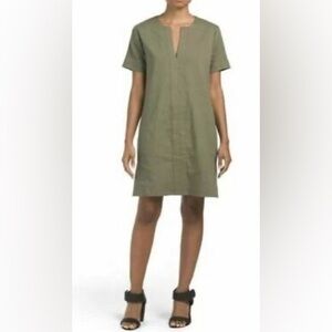 THEORY Linen Shift Dress Caliver Green Small‎